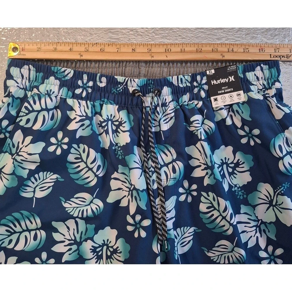 Hurley Volley Swim Trunks Mens XL Navy Blue Teal Floral Tropical Board Shorts